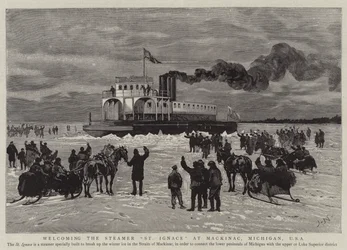 Begrüßung des Dampfers St. Ignace in Mackinac, Michigan, USA